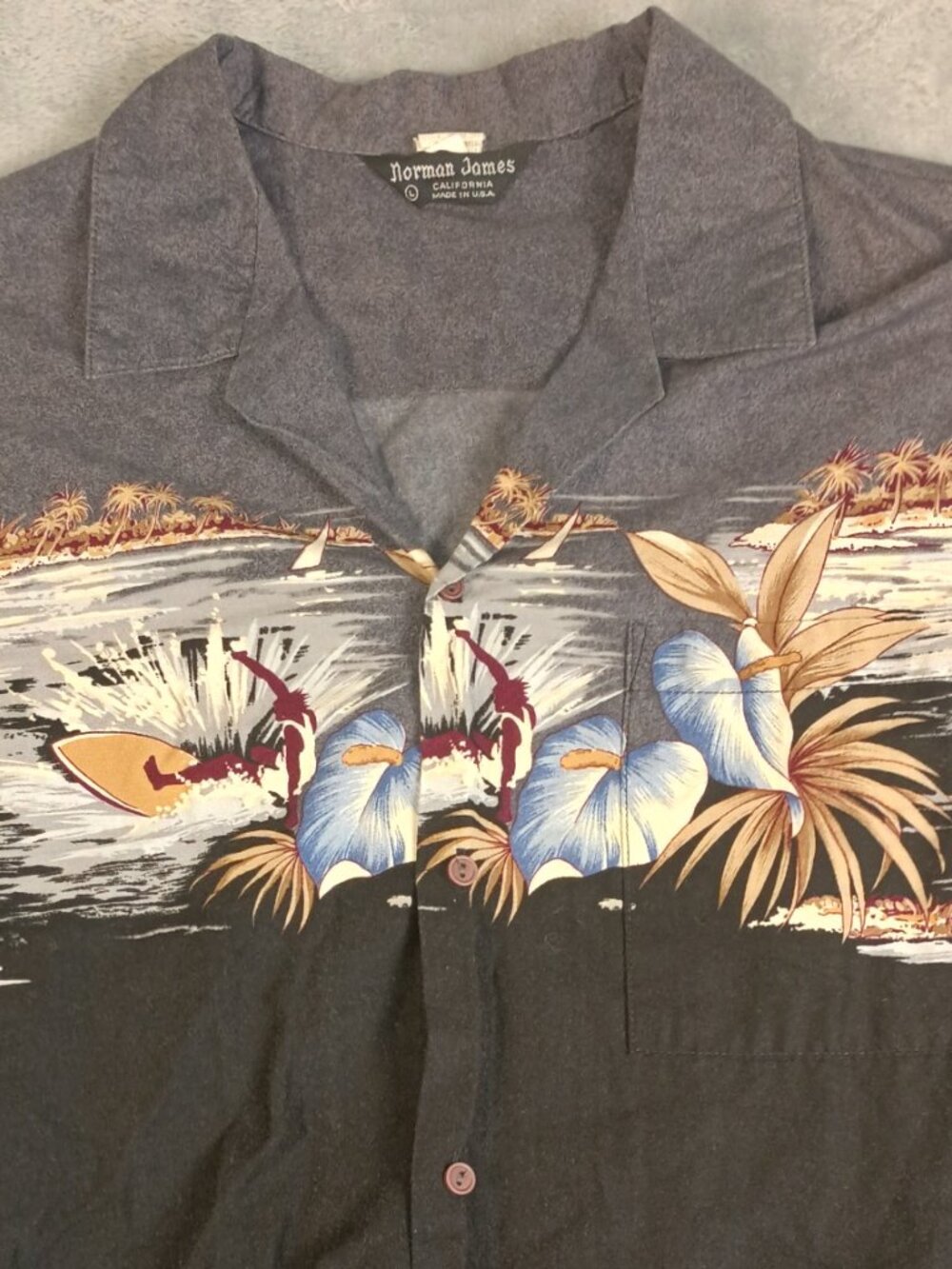 Norman James Men's Tropical Shirt Size L Gray Black Made in USA - Picture 2 of 7
